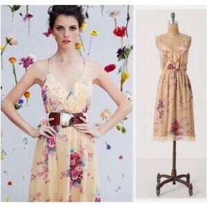 ANTHROPOLOGIE Meadow Rue Roses & Gold Silk Slip Dress Size 6 Yellow Tie Back